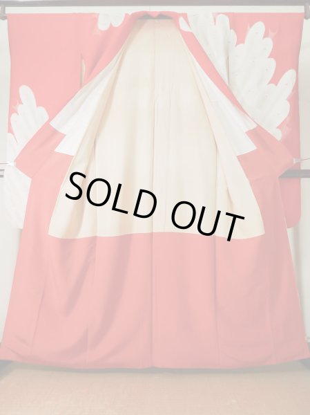 Photo4: L0204K Used Japanese women  Vermilion FURISODE long-sleeved / Silk. Peacock   (Grade C) (4)
