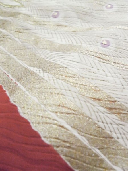 Photo12: L0204K Used Japanese women  Vermilion FURISODE long-sleeved / Silk. Peacock   (Grade C) (12)