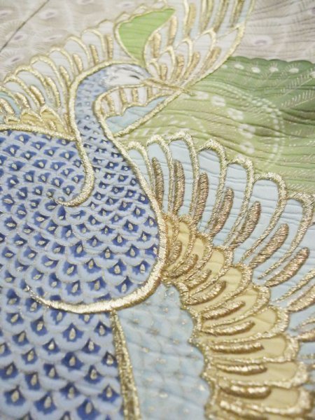 Photo13: L0204K Used Japanese women  Vermilion FURISODE long-sleeved / Silk. Peacock   (Grade C) (13)