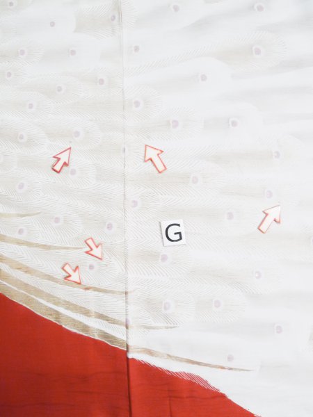 Photo23: L0204K Used Japanese women  Vermilion FURISODE long-sleeved / Silk. Peacock   (Grade C) (23)