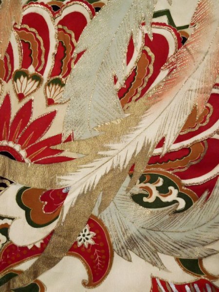 Photo16: L0204L Used Japanese women  Cream FURISODE long-sleeved / Silk. Flower,   (Grade D) (16)