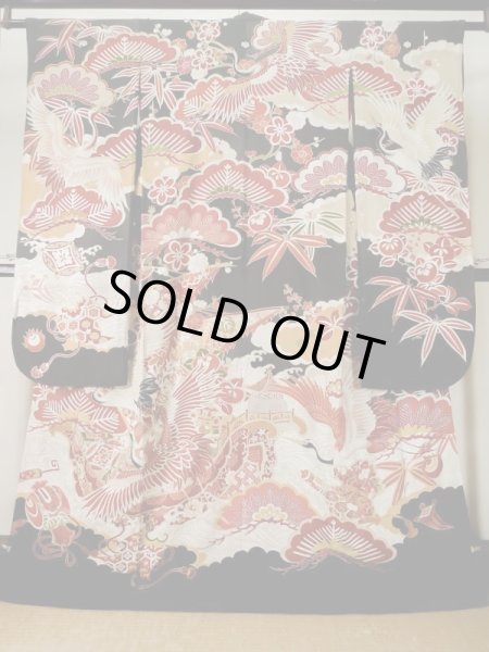 Photo1: L0204M Used Japanese women  Black FURISODE long-sleeved / Silk. UME plum bloom,   (Grade C) (1)