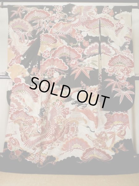 Photo2: L0204M Used Japanese women  Black FURISODE long-sleeved / Silk. UME plum bloom,   (Grade C) (2)