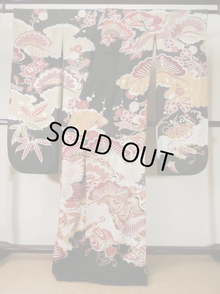 Photo3: L0204M Used Japanese women  Black FURISODE long-sleeved / Silk. UME plum bloom,   (Grade C) (3)