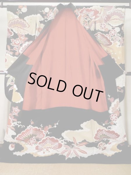 Photo4: L0204M Used Japanese women  Black FURISODE long-sleeved / Silk. UME plum bloom,   (Grade C) (4)