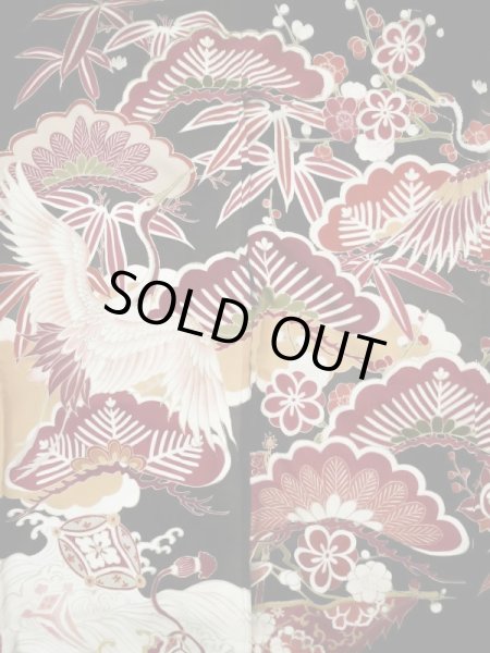 Photo6: L0204M Used Japanese women  Black FURISODE long-sleeved / Silk. UME plum bloom,   (Grade C) (6)