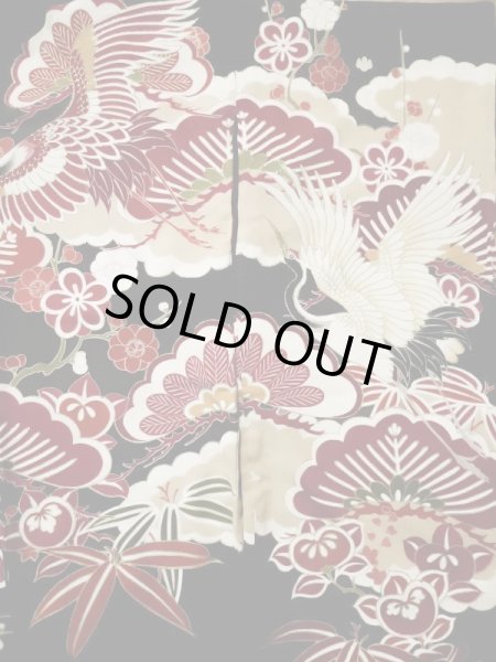 Photo7: L0204M Used Japanese women  Black FURISODE long-sleeved / Silk. UME plum bloom,   (Grade C) (7)