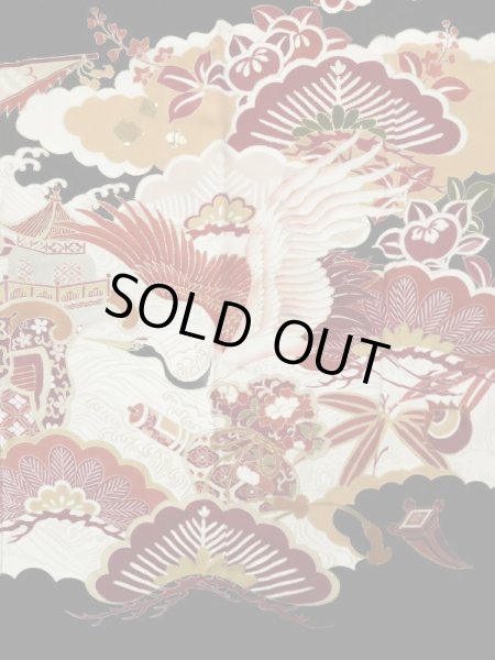 Photo9: L0204M Used Japanese women  Black FURISODE long-sleeved / Silk. UME plum bloom,   (Grade C) (9)