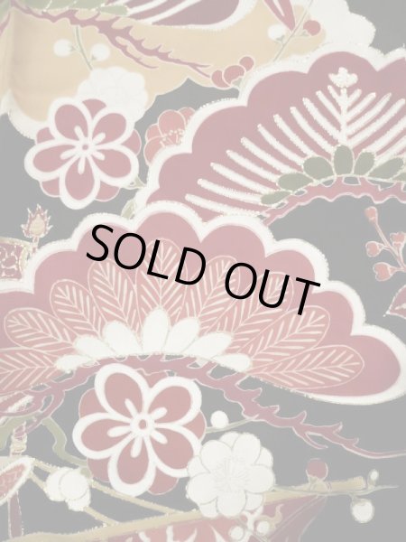 Photo13: L0204M Used Japanese women  Black FURISODE long-sleeved / Silk. UME plum bloom,   (Grade C) (13)