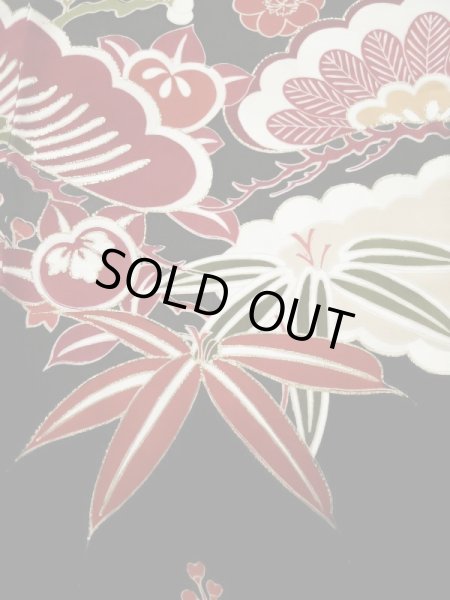 Photo14: L0204M Used Japanese women  Black FURISODE long-sleeved / Silk. UME plum bloom,   (Grade C) (14)