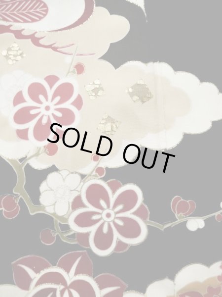 Photo15: L0204M Used Japanese women  Black FURISODE long-sleeved / Silk. UME plum bloom,   (Grade C) (15)