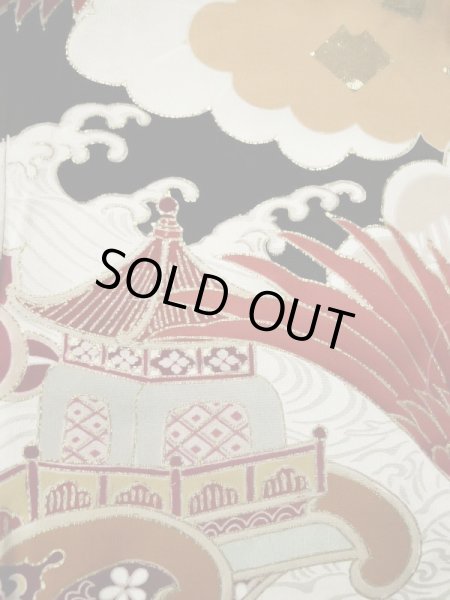 Photo16: L0204M Used Japanese women  Black FURISODE long-sleeved / Silk. UME plum bloom,   (Grade C) (16)