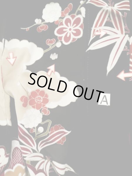 Photo23: L0204M Used Japanese women  Black FURISODE long-sleeved / Silk. UME plum bloom,   (Grade C) (23)
