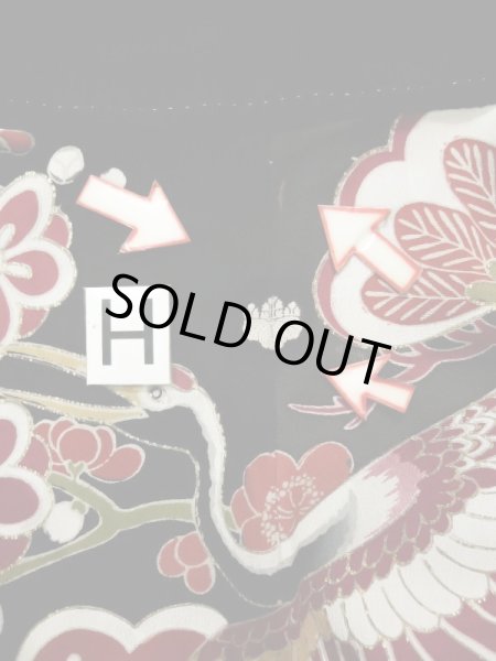 Photo30: L0204M Used Japanese women  Black FURISODE long-sleeved / Silk. UME plum bloom,   (Grade C) (30)