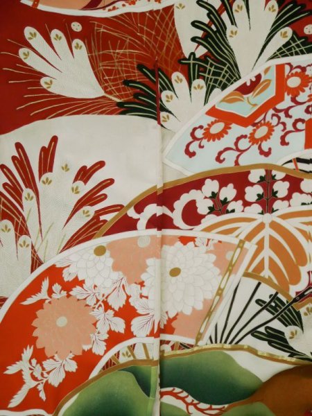 Photo5: L0204O Used Japanese women  Vermilion FURISODE long-sleeved / Silk. Chrysanthemum,   (Grade D) (5)