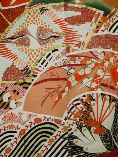 Photo9: L0204O Used Japanese women  Vermilion FURISODE long-sleeved / Silk. Chrysanthemum,   (Grade D) (9)