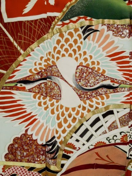 Photo12: L0204O Used Japanese women  Vermilion FURISODE long-sleeved / Silk. Chrysanthemum,   (Grade D) (12)