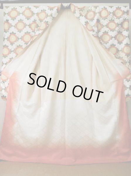 Photo5: L0204P Used Japanese womenShiny  Off White FURISODE long-sleeved / Silk. Chrysanthemum,   (Grade B) (5)