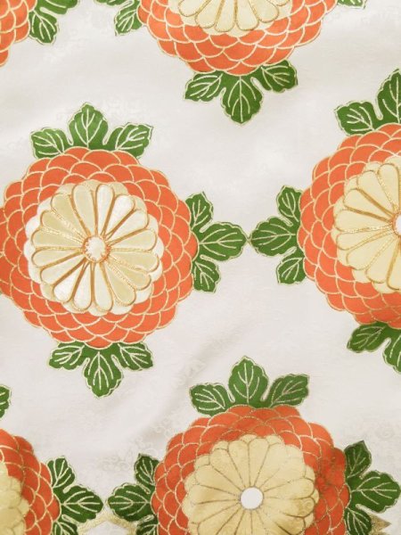 Photo11: L0204P Used Japanese womenShiny  Off White FURISODE long-sleeved / Silk. Chrysanthemum,   (Grade B) (11)