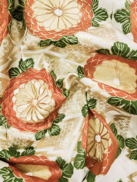 Photo14: L0204P Used Japanese womenShiny  Off White FURISODE long-sleeved / Silk. Chrysanthemum,   (Grade B) (14)