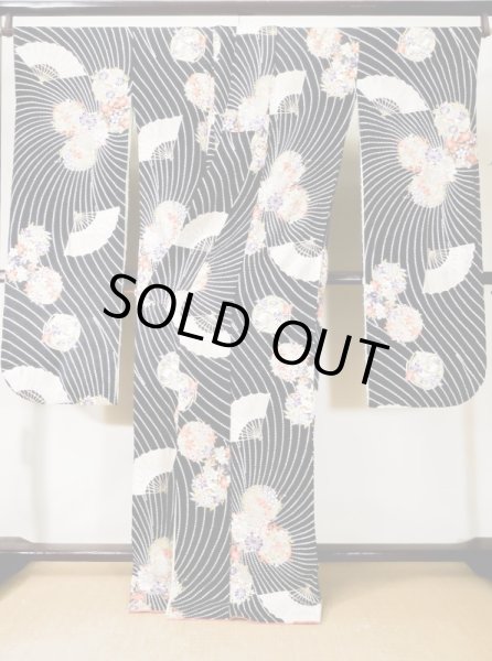 Photo3: L0204R Used Japanese women  Black FURISODE long-sleeved / Silk. Flower,   (Grade B) (3)
