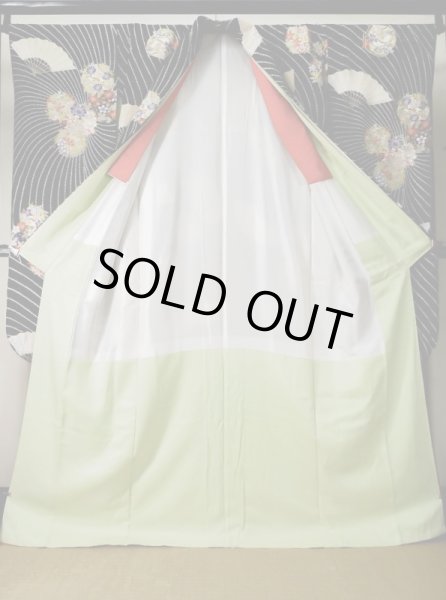 Photo4: L0204R Used Japanese women  Black FURISODE long-sleeved / Silk. Flower,   (Grade B) (4)