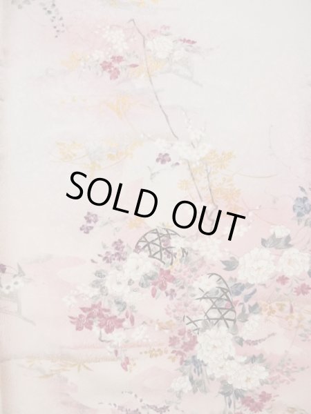 Photo6: Mint L0204S Used Japanese womenPale Light Pink FURISODE long-sleeved / Silk. Flower,   (Grade A+) (6)