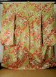 Photo1: L0204U Used Japanese womenShiny Pale Yellowish Green FURISODE long-sleeved / Silk. Chrysanthemum,   (Grade D) (1)