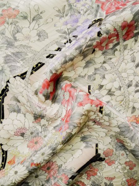 Photo16: L0204V Used Japanese womenShiny  Off White FURISODE long-sleeved / Silk. Flower,   (Grade D) (16)