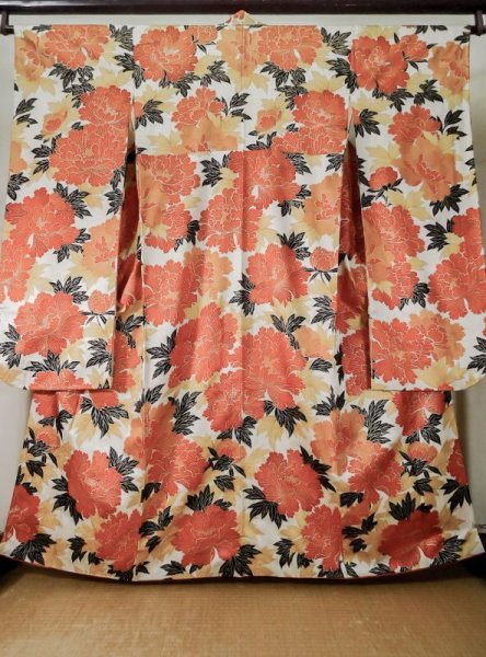 Photo1: L0204X Used Japanese womenShiny Smoky Orange FURISODE long-sleeved / Silk. Peony   (Grade C) (1)