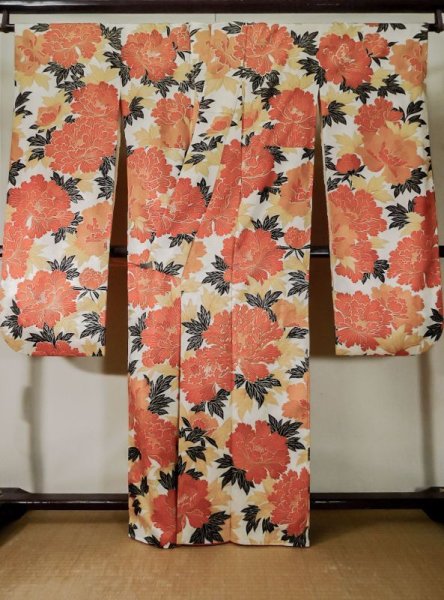 Photo3: L0204X Used Japanese womenShiny Smoky Orange FURISODE long-sleeved / Silk. Peony   (Grade C) (3)