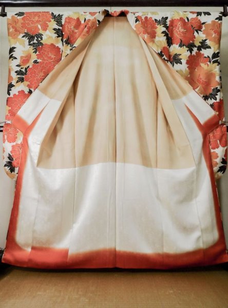 Photo4: L0204X Used Japanese womenShiny Smoky Orange FURISODE long-sleeved / Silk. Peony   (Grade C) (4)