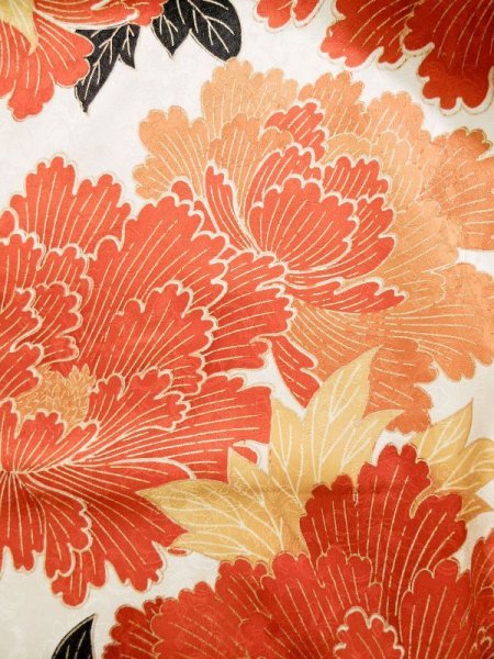 Photo9: L0204X Used Japanese womenShiny Smoky Orange FURISODE long-sleeved / Silk. Peony   (Grade C) (9)