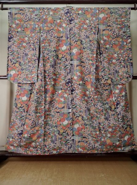 Photo1: L0204Y Used Japanese womenDeep  Purple FURISODE long-sleeved / Silk. Flower,   (Grade B) (1)