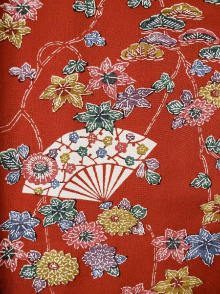 Photo8: L0204Z Used Japanese women  Vermilion FURISODE long-sleeved / Silk. Chrysanthemum,   (Grade A+) (8)