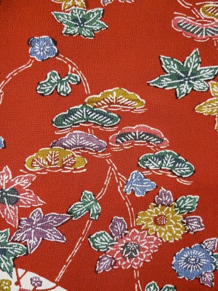 Photo9: L0204Z Used Japanese women  Vermilion FURISODE long-sleeved / Silk. Chrysanthemum,   (Grade A+) (9)
