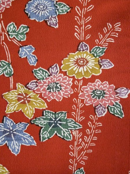 Photo11: L0204Z Used Japanese women  Vermilion FURISODE long-sleeved / Silk. Chrysanthemum,   (Grade A+) (11)