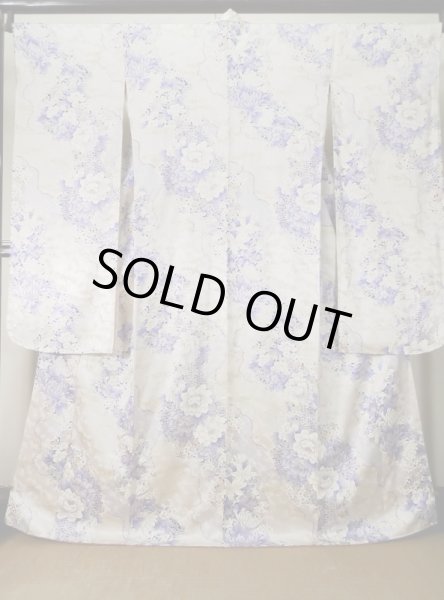 Photo1: L0205A Used Japanese womenShiny  Off White FURISODE long-sleeved / Silk. Flower,   (Grade B) (1)