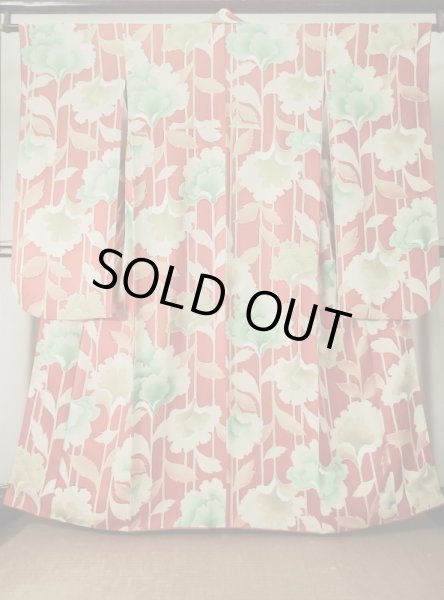 Photo2: L0205D Used Japanese womenCreamy  Orange FURISODE long-sleeved / Silk. Flower, Base woben : Flower and leaf  (Grade B) (2)