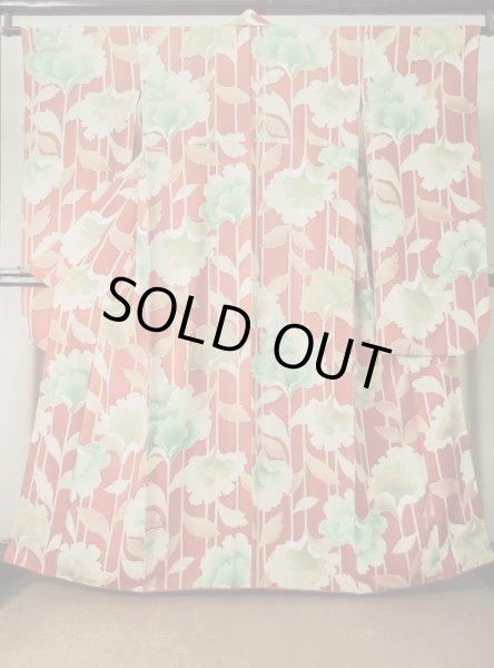 Photo3: L0205D Used Japanese womenCreamy  Orange FURISODE long-sleeved / Silk. Flower, Base woben : Flower and leaf  (Grade B) (3)