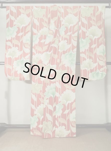 Photo4: L0205D Used Japanese womenCreamy  Orange FURISODE long-sleeved / Silk. Flower, Base woben : Flower and leaf  (Grade B) (4)