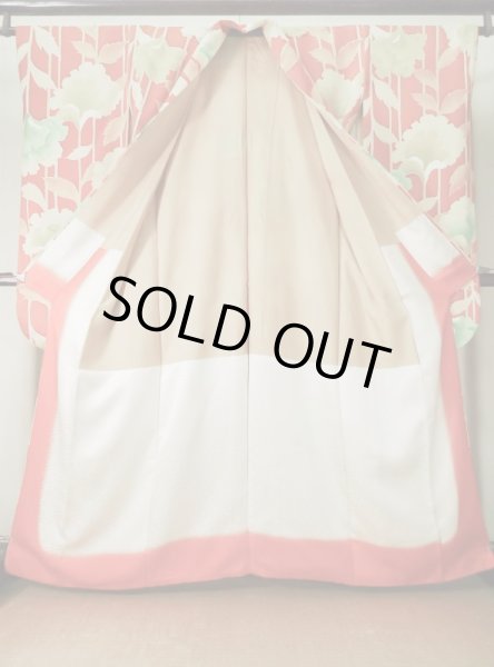 Photo5: L0205D Used Japanese womenCreamy  Orange FURISODE long-sleeved / Silk. Flower, Base woben : Flower and leaf  (Grade B) (5)
