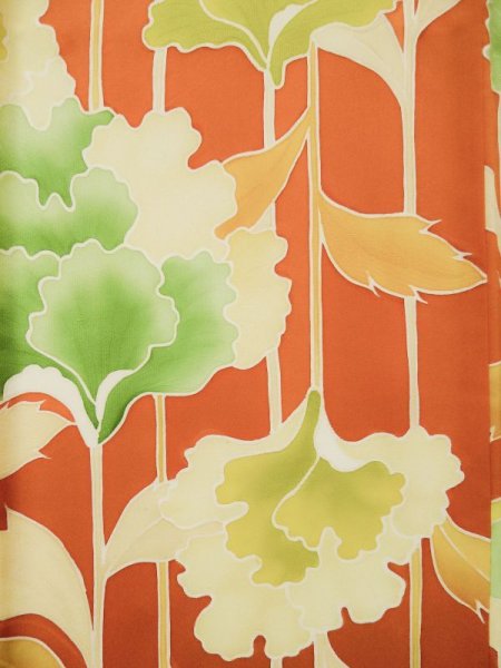 Photo7: L0205D Used Japanese womenCreamy  Orange FURISODE long-sleeved / Silk. Flower, Base woben : Flower and leaf  (Grade B) (7)