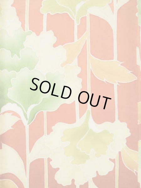 Photo7: L0205D Used Japanese womenCreamy  Orange FURISODE long-sleeved / Silk. Flower, Base woben : Flower and leaf  (Grade B) (7)