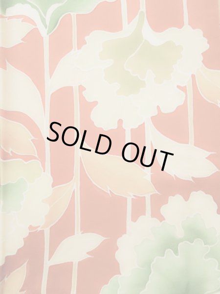 Photo8: L0205D Used Japanese womenCreamy  Orange FURISODE long-sleeved / Silk. Flower, Base woben : Flower and leaf  (Grade B) (8)