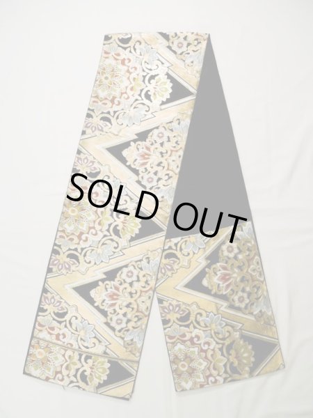 Photo1: L0216W Vintage Japanese Kimono   Black FUKURO OBI sash Flower Silk. (1)