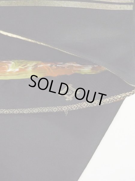 Photo3: L0216W Vintage Japanese Kimono   Black FUKURO OBI sash Flower Silk. (3)