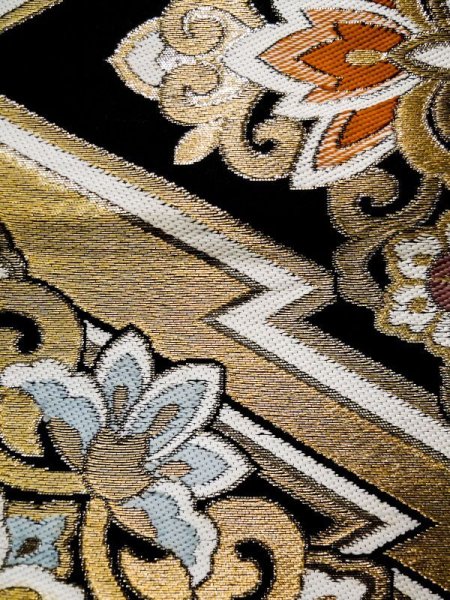 Photo7: L0216W Vintage Japanese Kimono   Black FUKURO OBI sash Flower Silk. (7)