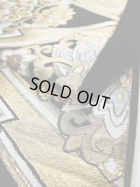 Photo14: L0216W Vintage Japanese Kimono   Black FUKURO OBI sash Flower Silk. (14)