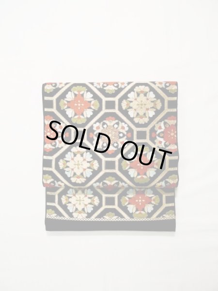 Photo2: L0216X Vintage Japanese Kimono   Black FUKURO OBI sash Flower Silk. (2)